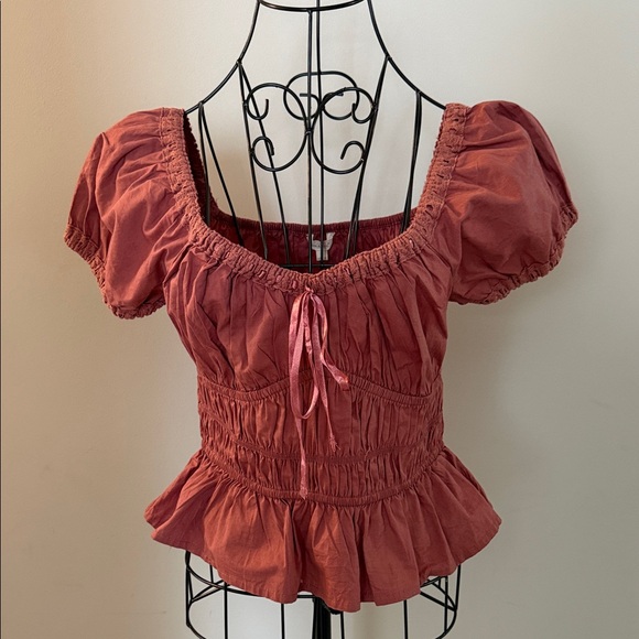 Sim & Sam Tops - Elegant Puff Sleeve Peplum Blouse - Terracotta